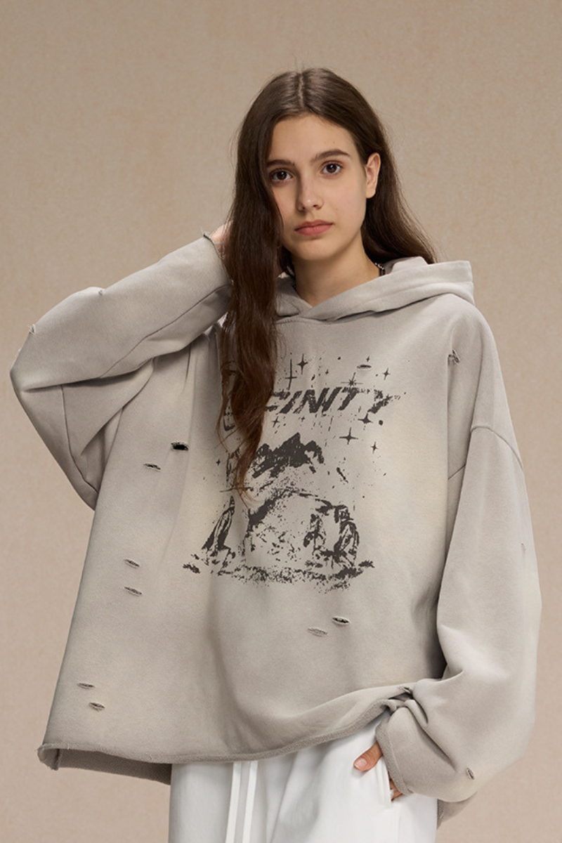 Women's Fall Clothing Distressed Frayed-Edged Hoodie