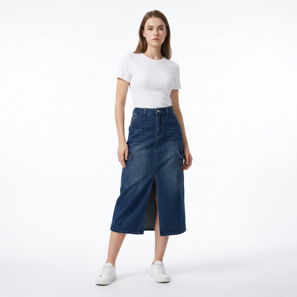 Women's High Waist Front Slit Denim Midi Skirt