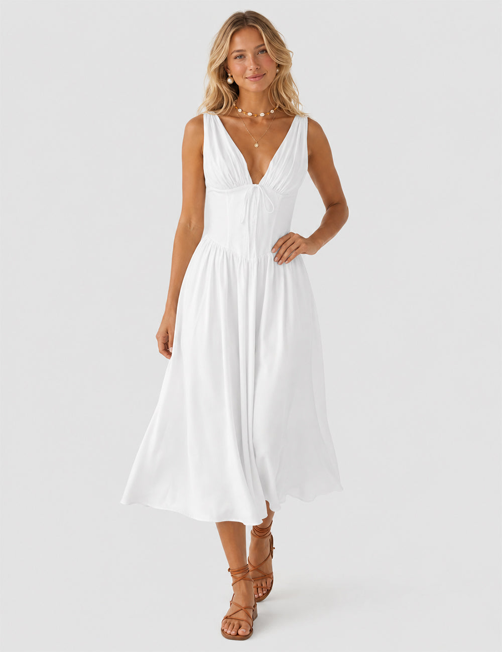 Ladies White Deep V Neck Ruched Bust Midi Dress