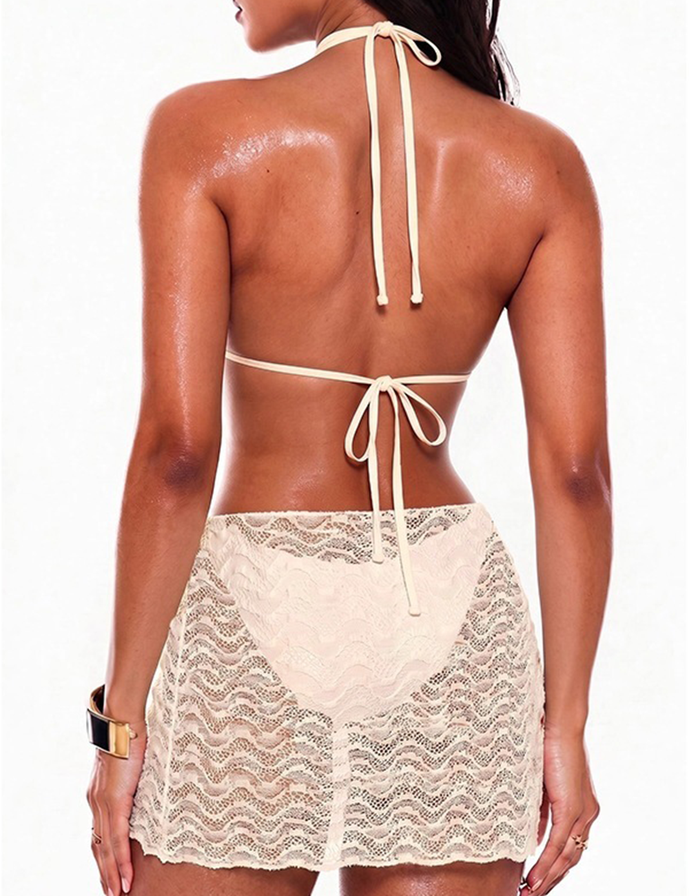 Ladies Halter Neck Lace Trim Bikini Set with Cover Skirt