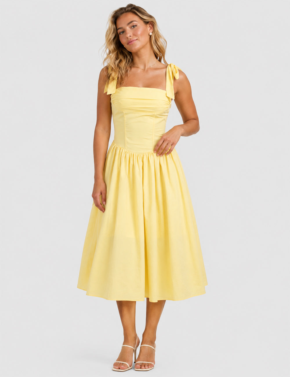 Ladies Elegant Square Neck Tie Strap Shoulder Midi Dress