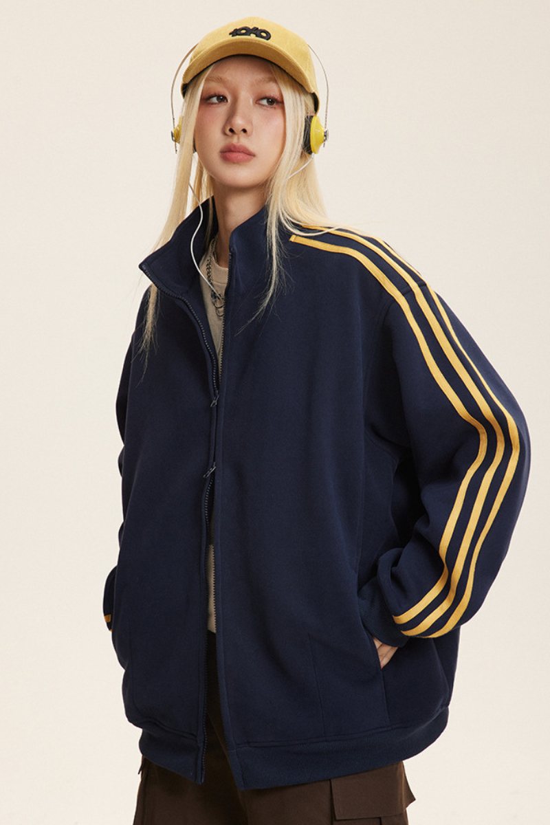 Unisex American Retro 3-Stripe Zip Hoodie - Oversized