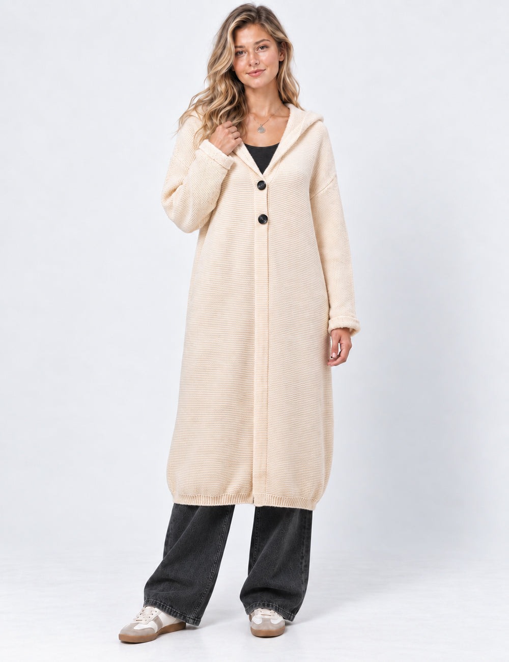Ladies Button Hooded Solid Color Sweater Coat Cardigan
