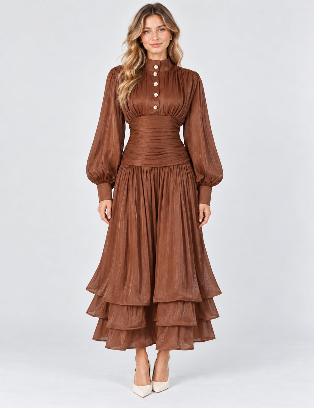 Ladies Puff Sleeves Ruched Button Tiered Midi Dress