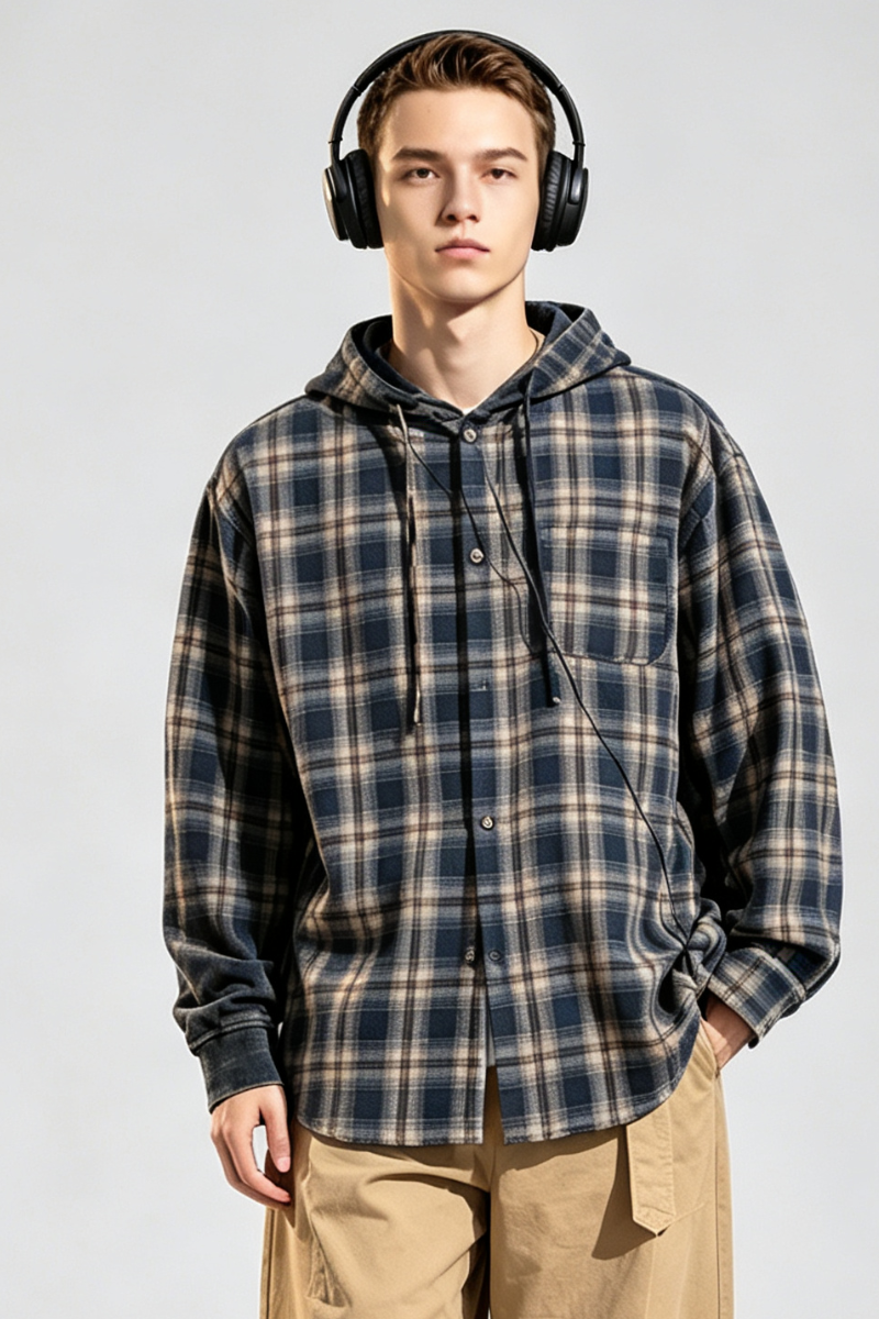 Unisex Spring Vintage Hooded Plaid Button-Down Overshirt
