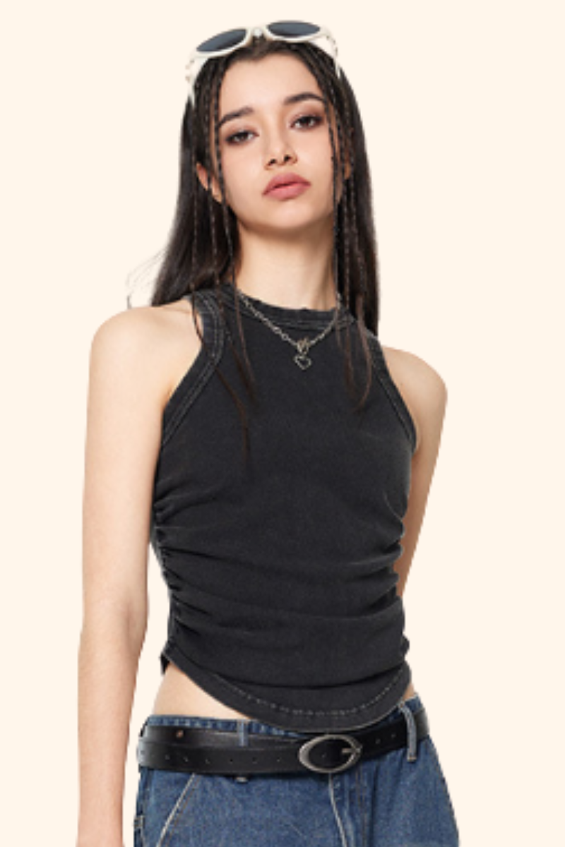 Women's Spring Summer 235g Washed Crewneck Ruched Tank