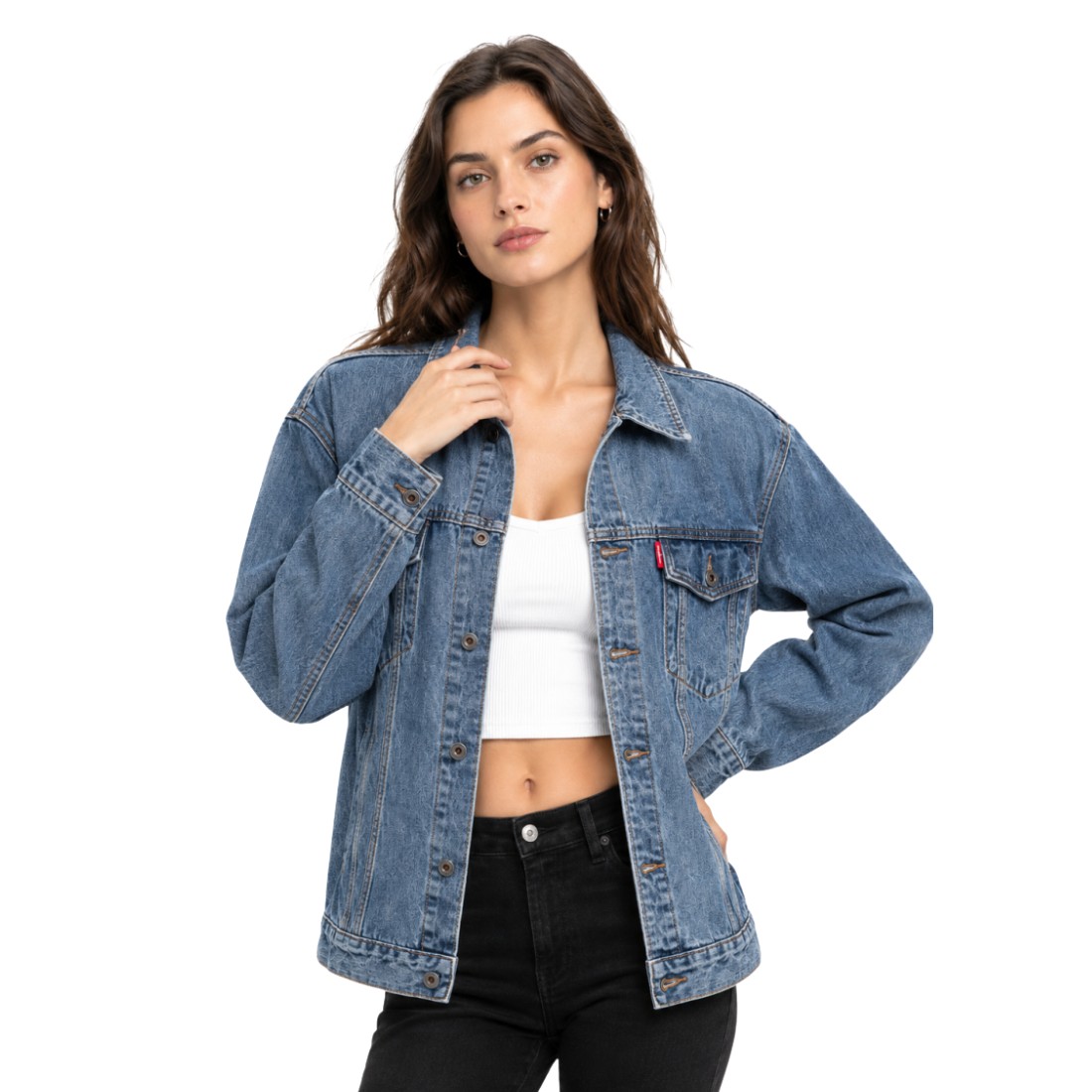 Women's Classic Blue Denim Jacket with Red Tag