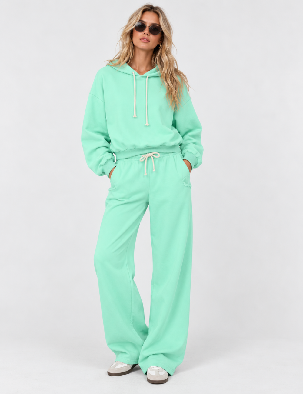Ladies Drawstring Hooded Crop Sweatshirt Wide Leg Pants 2PCS Set