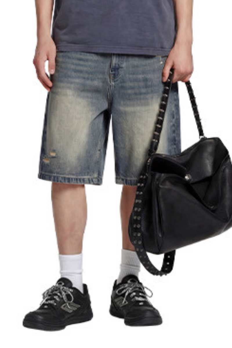 Men's Summer 385g Loose Raw Edge Ripped 5" Denim Shorts
