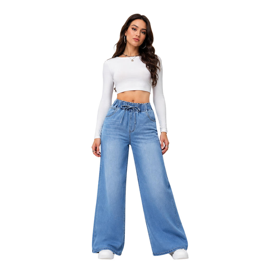 Women's Drawstring Elastic Waist Wide Leg Jeans