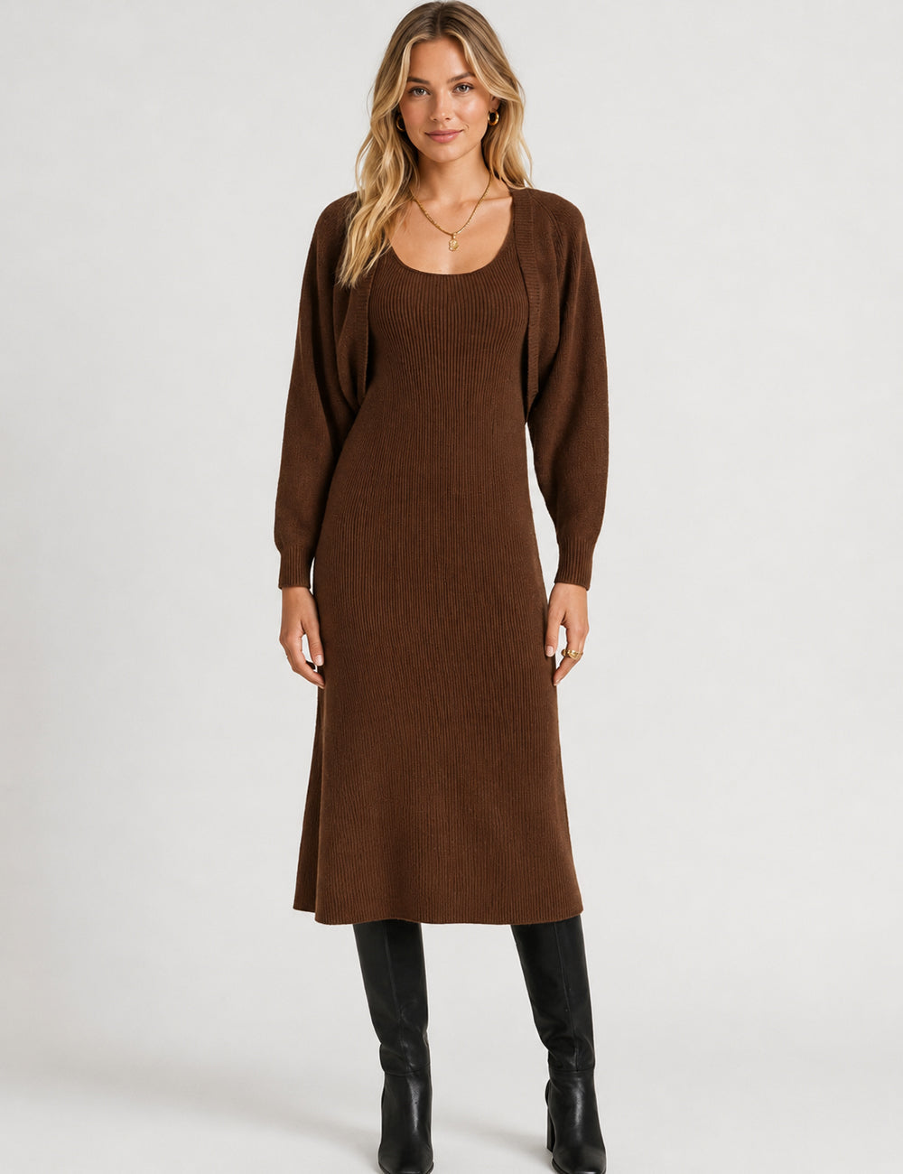 Ladies U-Neck Tank Midi Dress Cropped Cardigan Knit Set