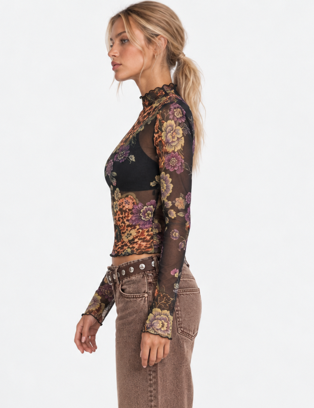Ladies Retro Leopard Floral Mesh Mock Neck Ruched Top