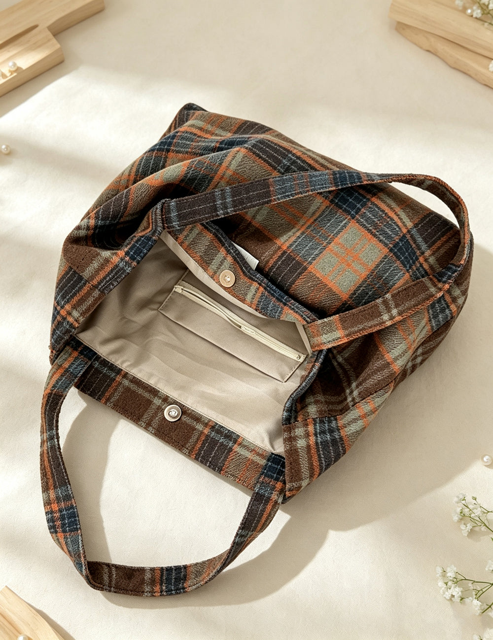 Ladies Vintage Plaid Shoulder Tote Bag