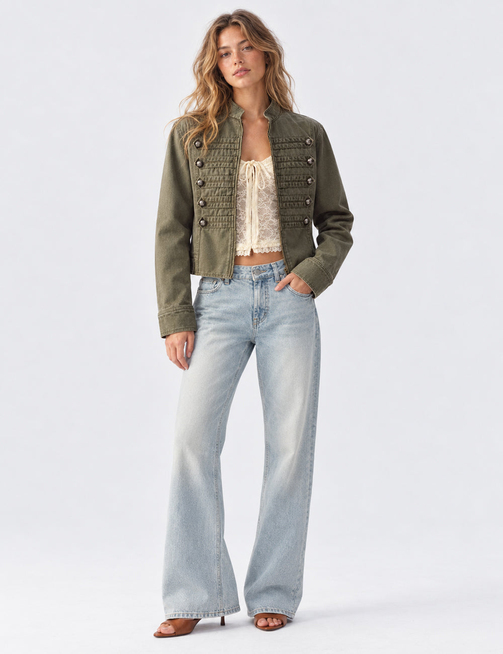 Ladies Stand Collar Braided Trim Double Breasted Cropped