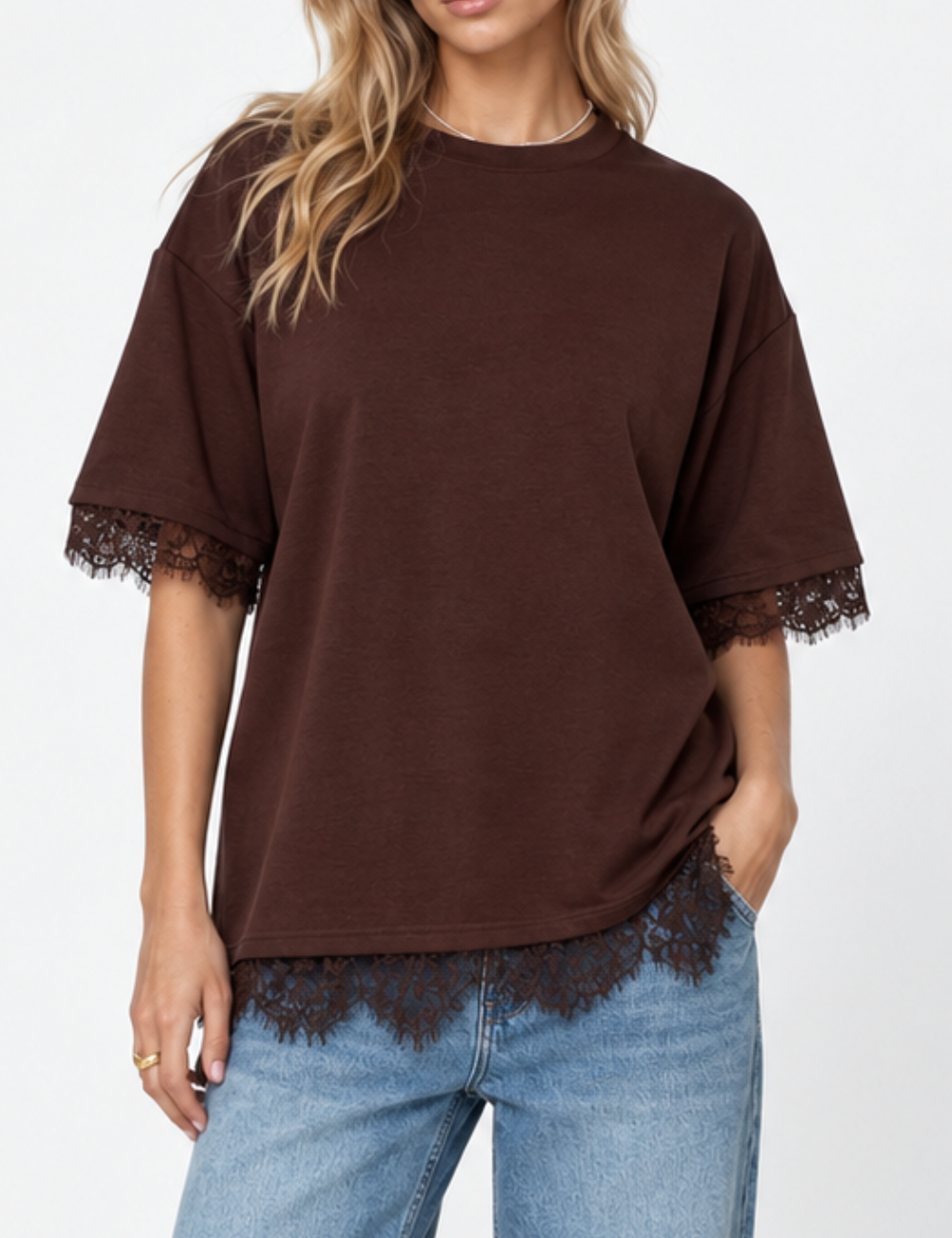 Ladies Lace Trim Split Back Solid Color Pullover T-Shirt