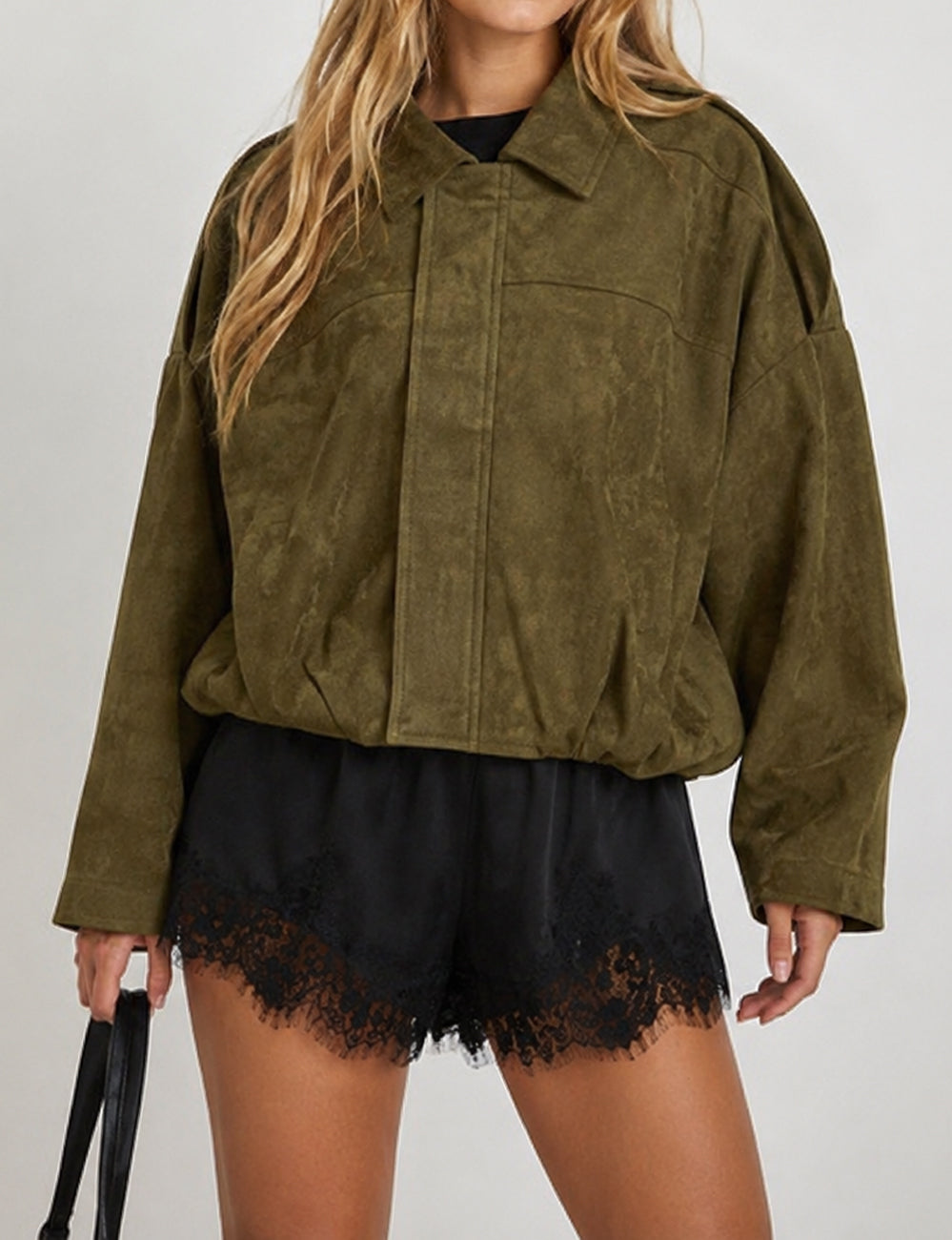 Ladies Faux Suede Bomber Jacket Shirt Collar Zip-Up Coat