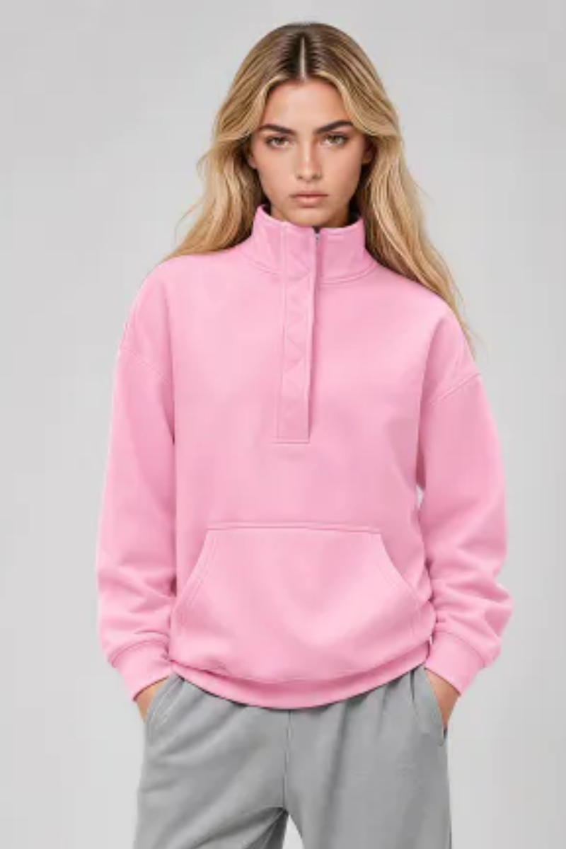 Women Fall Clothing Half Zip Snap Button Sweatshirt