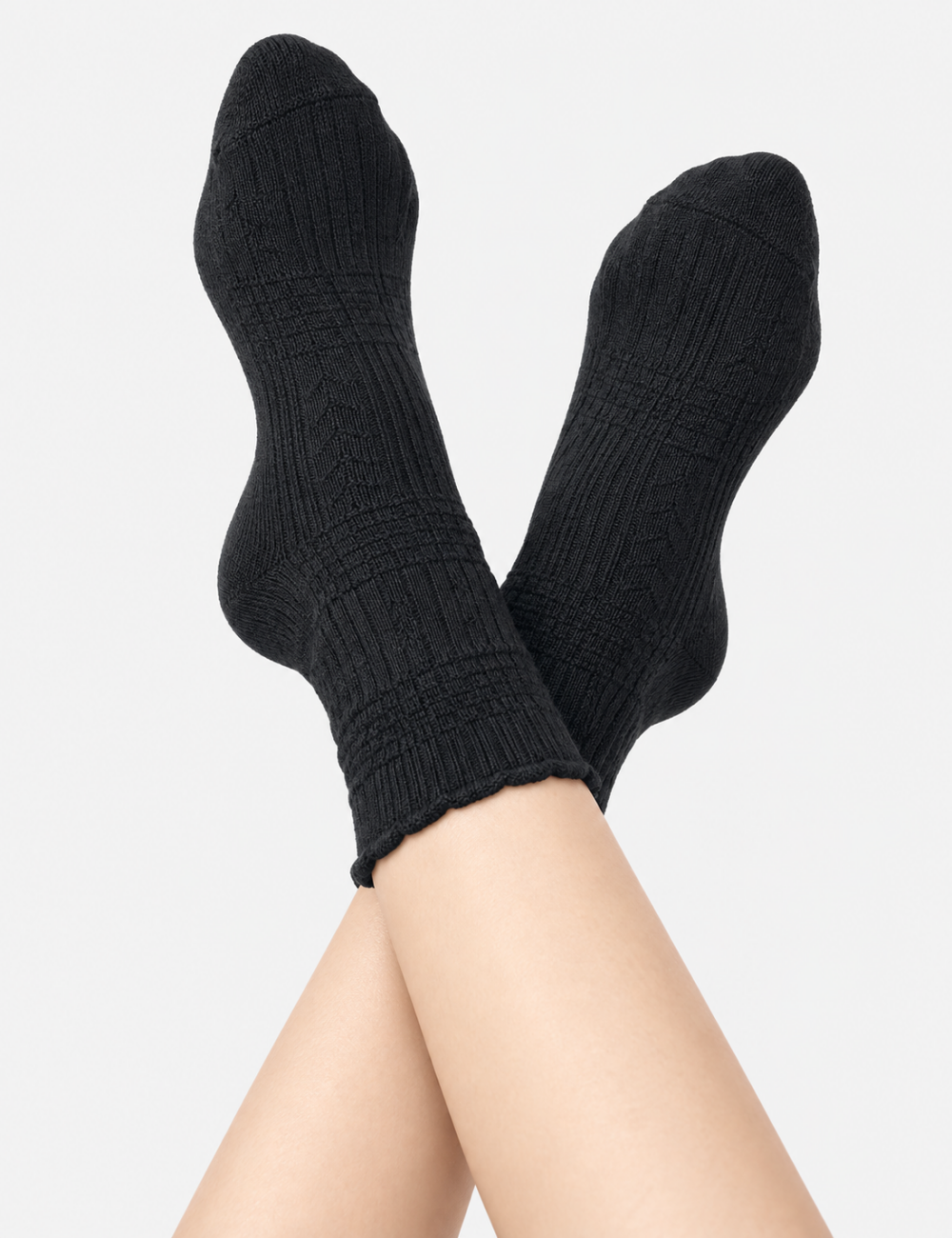 Ladies Solid Color Floral Ruffle Cuff Mid Calf Socks