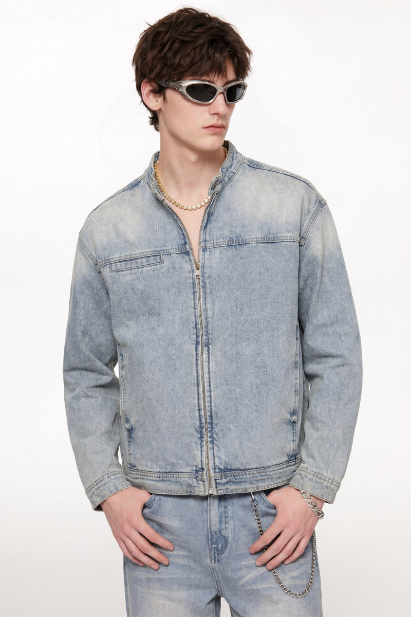 Men's 385g Washed Patchwork Denim StandCollar Zip Jacket