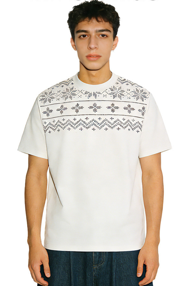 Men's Summer 320g Mock Neck Fair Isle Jacquard Vintage Tee