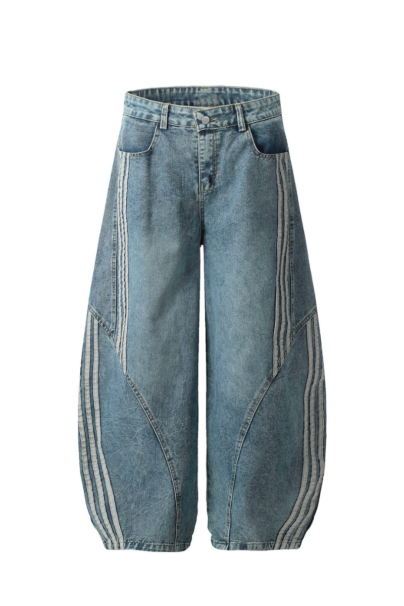 Unisex Summer Cotton Washed Contrast Stripe Wide-Leg Jeans