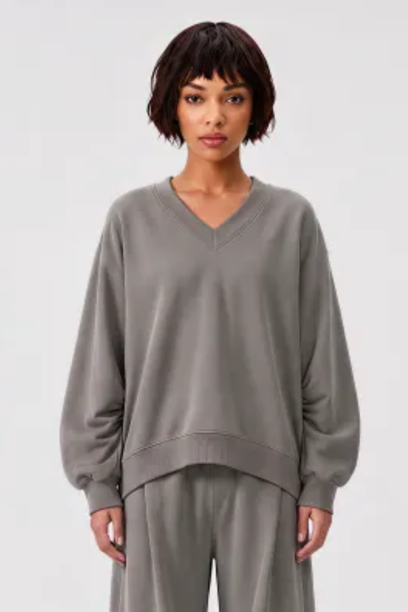 Women Fall Clothing V Neck Boxy Cropped Lantern Sweatshirt