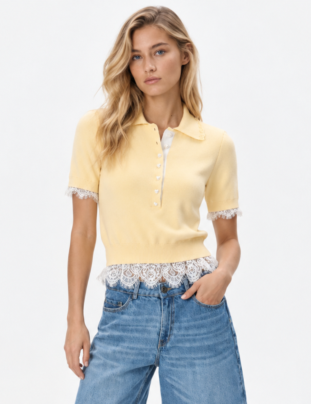 Ladies Polo Neck Lace Patchwork Short Sleeves Knit Top