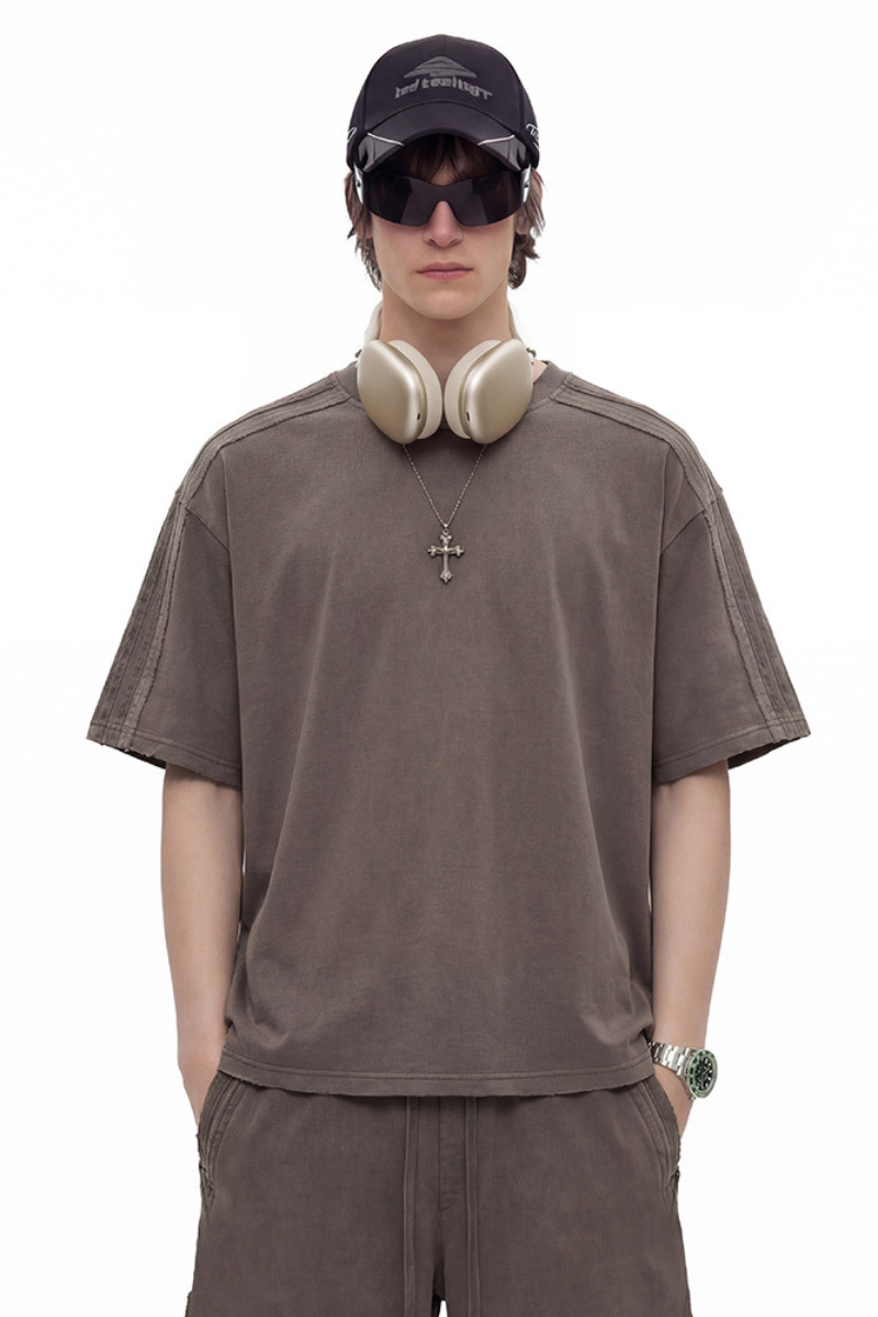 Men's 275g Cotton Washed Raw Edge Patchwork Sports Tee