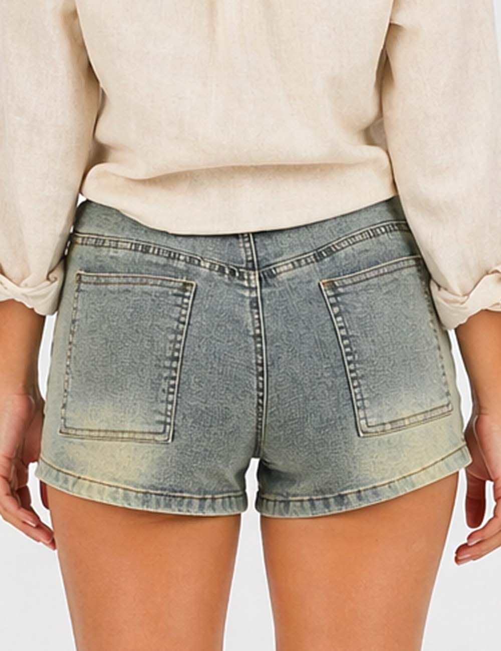 Ladies Metal Eyelet Wrap Denim Mini Shorts