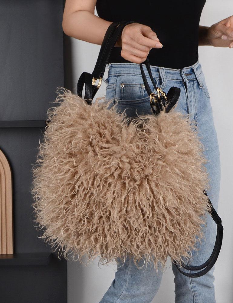 Ladies Faux Mongolian Fur Tote Two Shoulder Bag SKAB4094