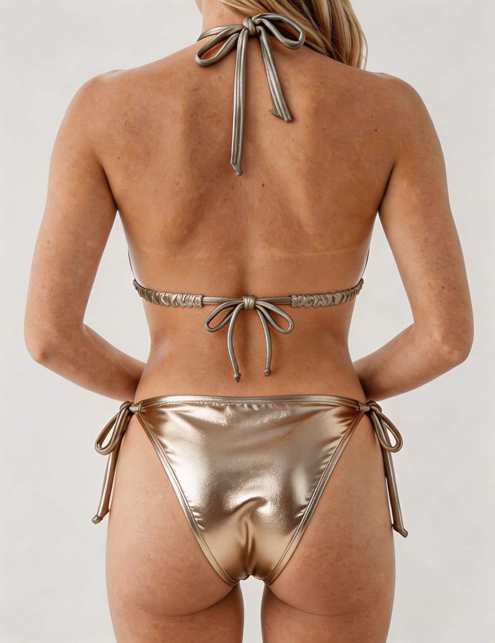 Ladies Metallic Pearl Ring Halter Triangle 2 Piece Bikini Set