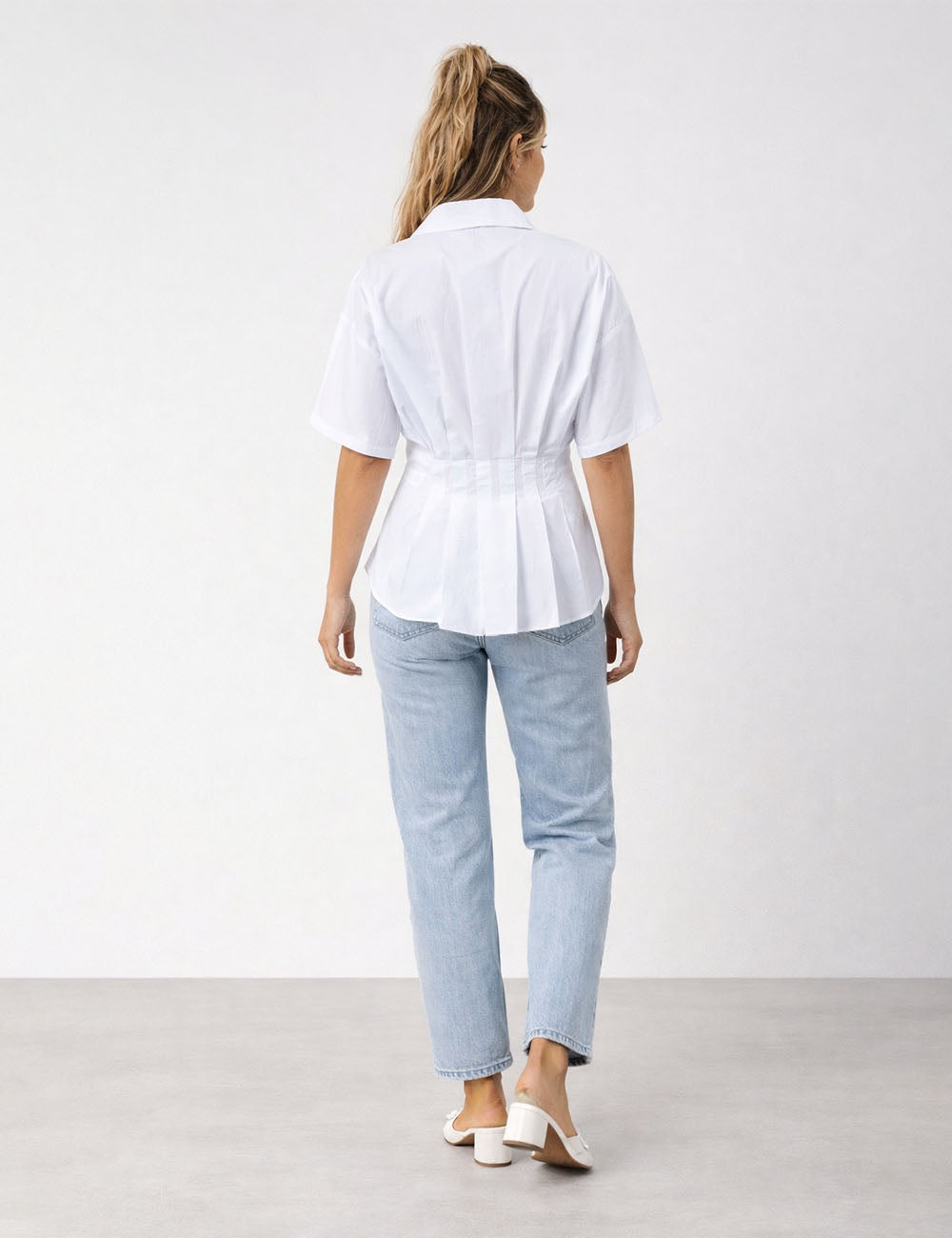 Ladies Chic Pleated Waist Shirt Collar Short Sleeves Blouse