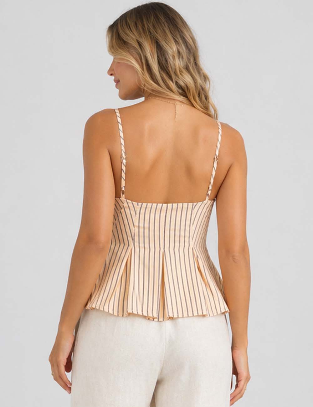 Ladies Chic Striped Spaghetti Strap Button Front Peplum Cami Top