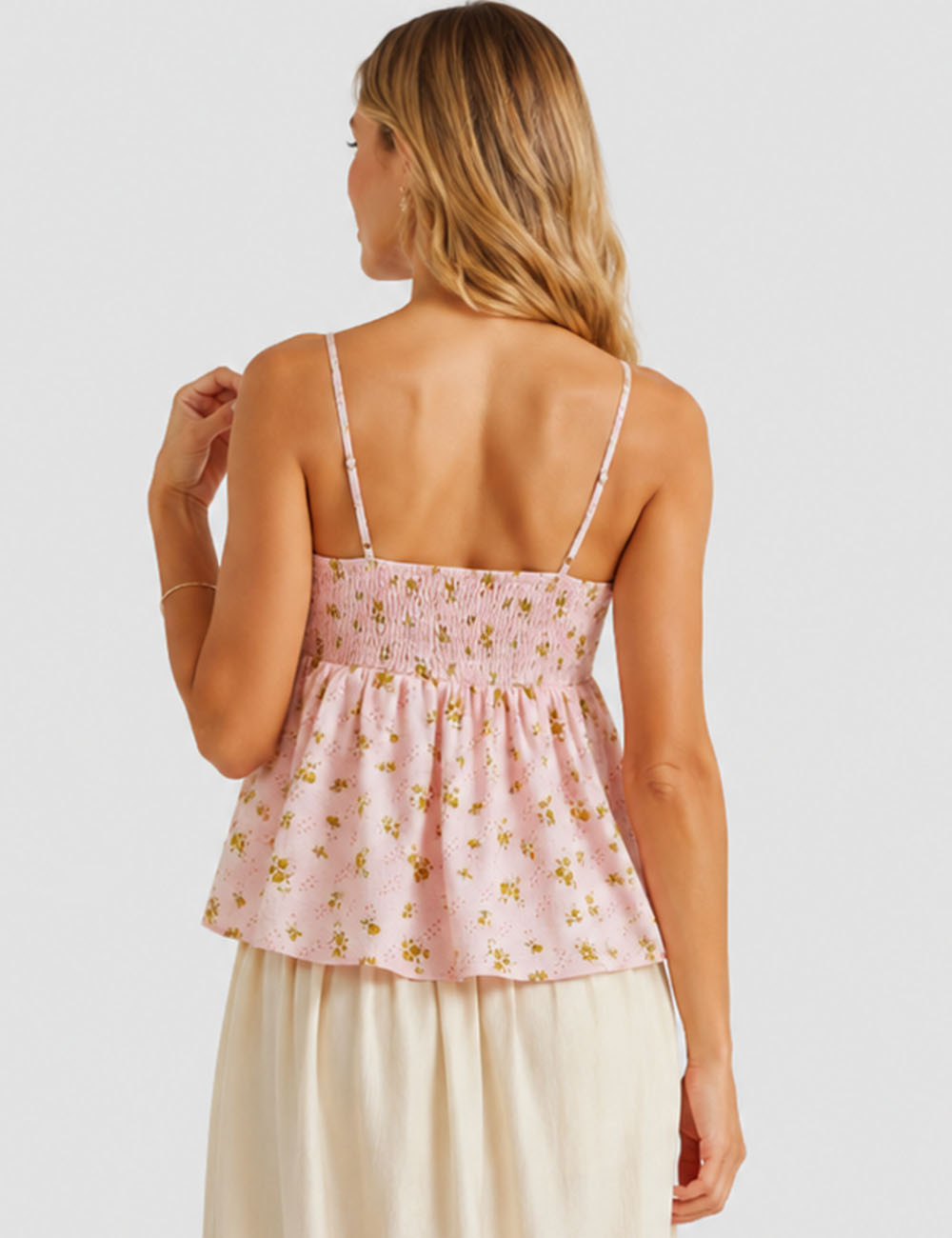 Ladies Boho Floral Print Tie Neck Cami Top