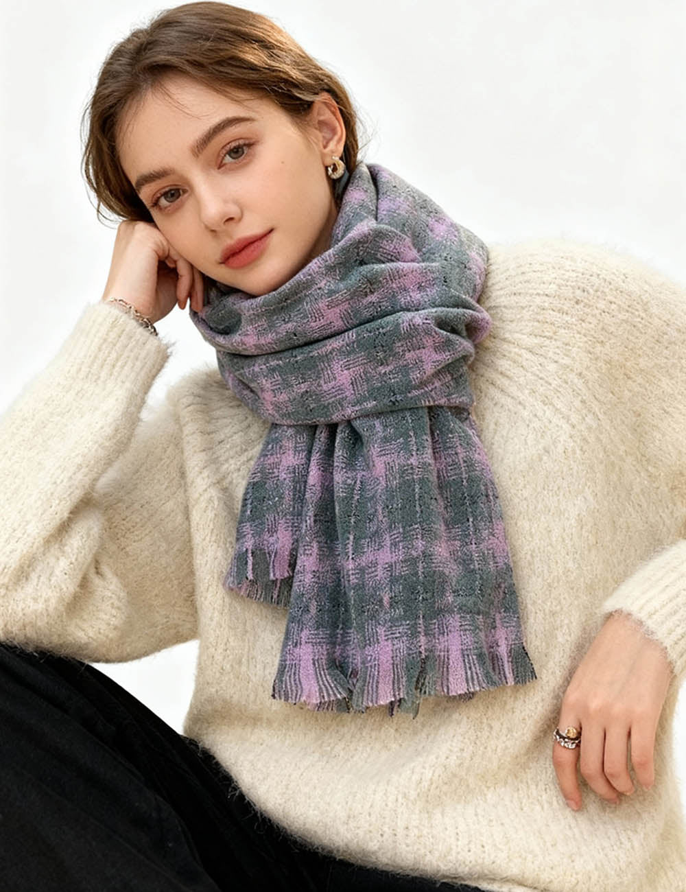 Ladies Warm Color Block Plaid Tassel Knit Scarf