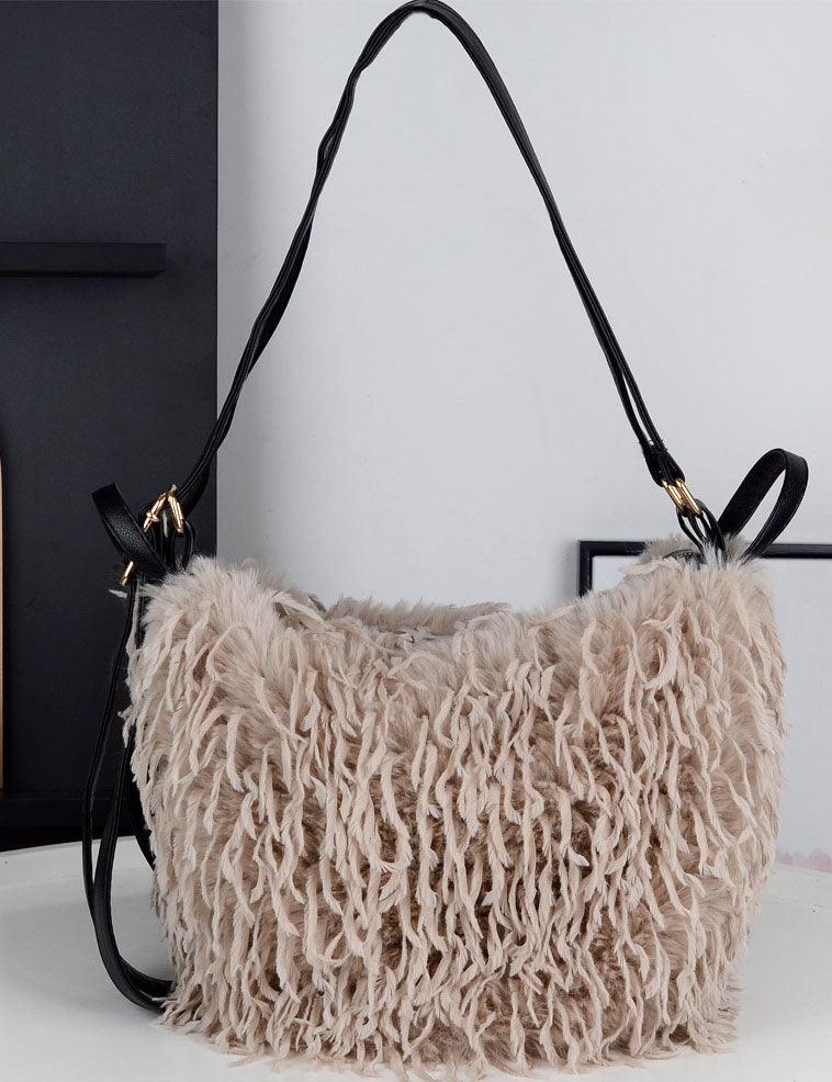 Ladies Faux Mongolian Fur Tote Two Shoulder Bag SKAB4094