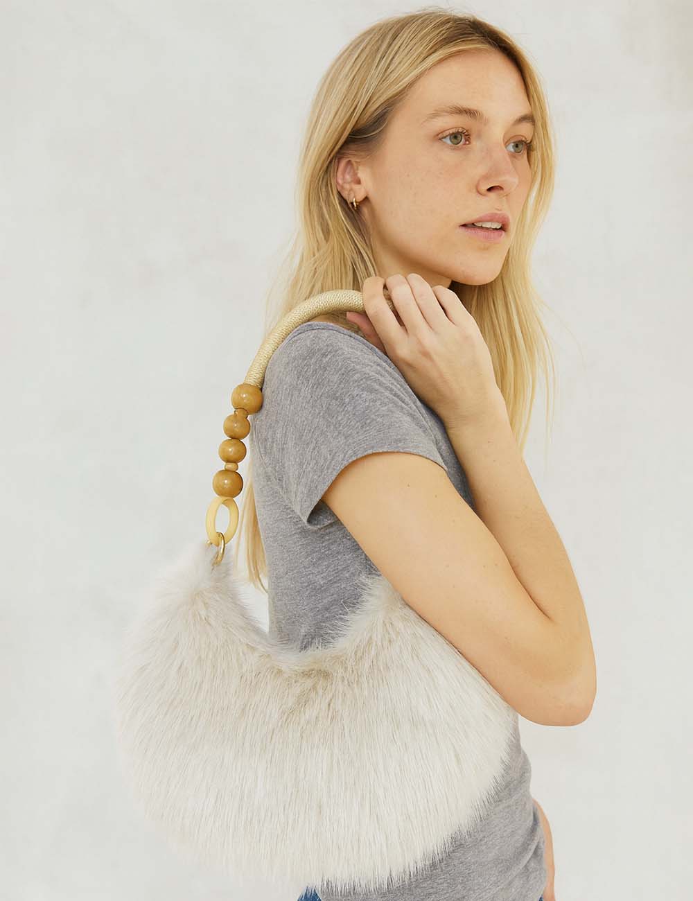 Ladies Fuzzy Faux Fur Plush Beaded Crescent Handing Bag