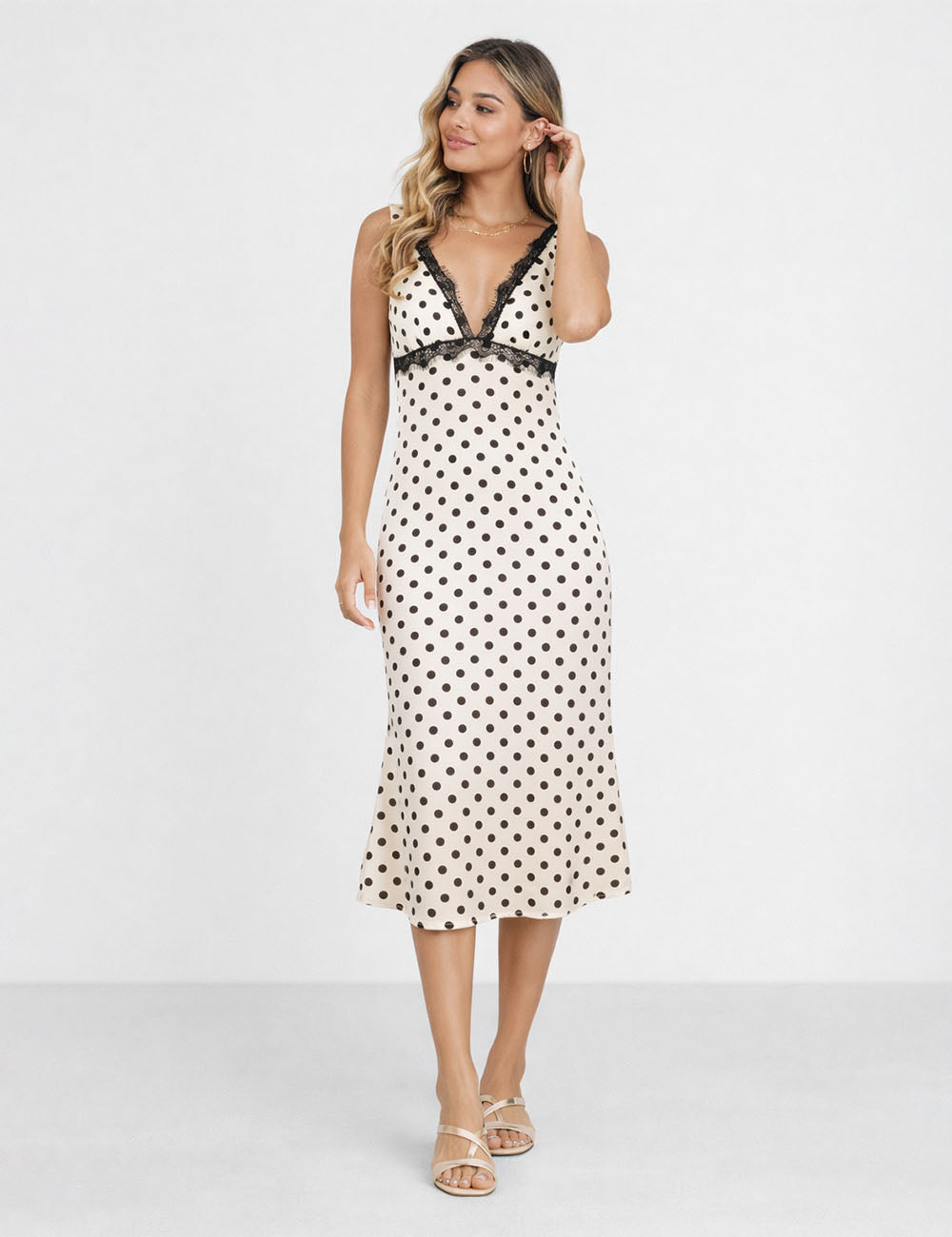 Ladies Chic Polka Dot Lace Trim V-Neck Sleeveless Midi Dress