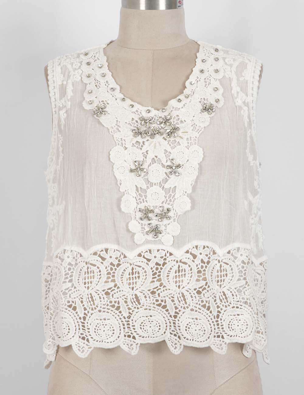 Ladies Crochet Lace Rhinestone Beaded Sleeveless Top