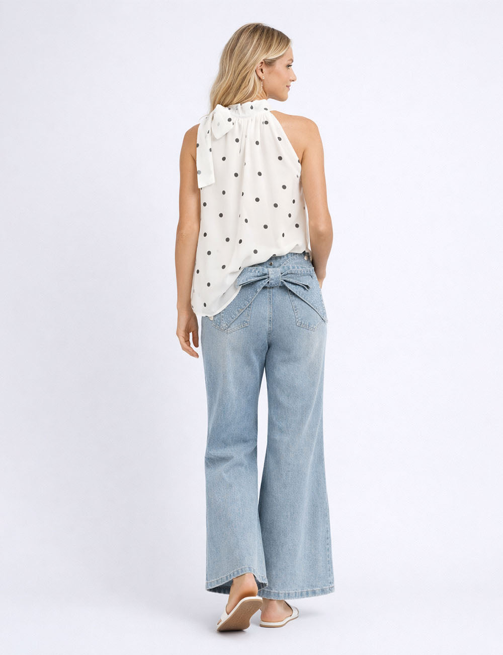 Ladies Bow Tie Neck Halter Polka Dot Sleeveless Top