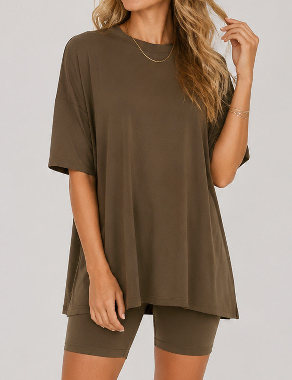 Ladies Solid Loungewear Outfits Loose Top & Slim Shorts Set