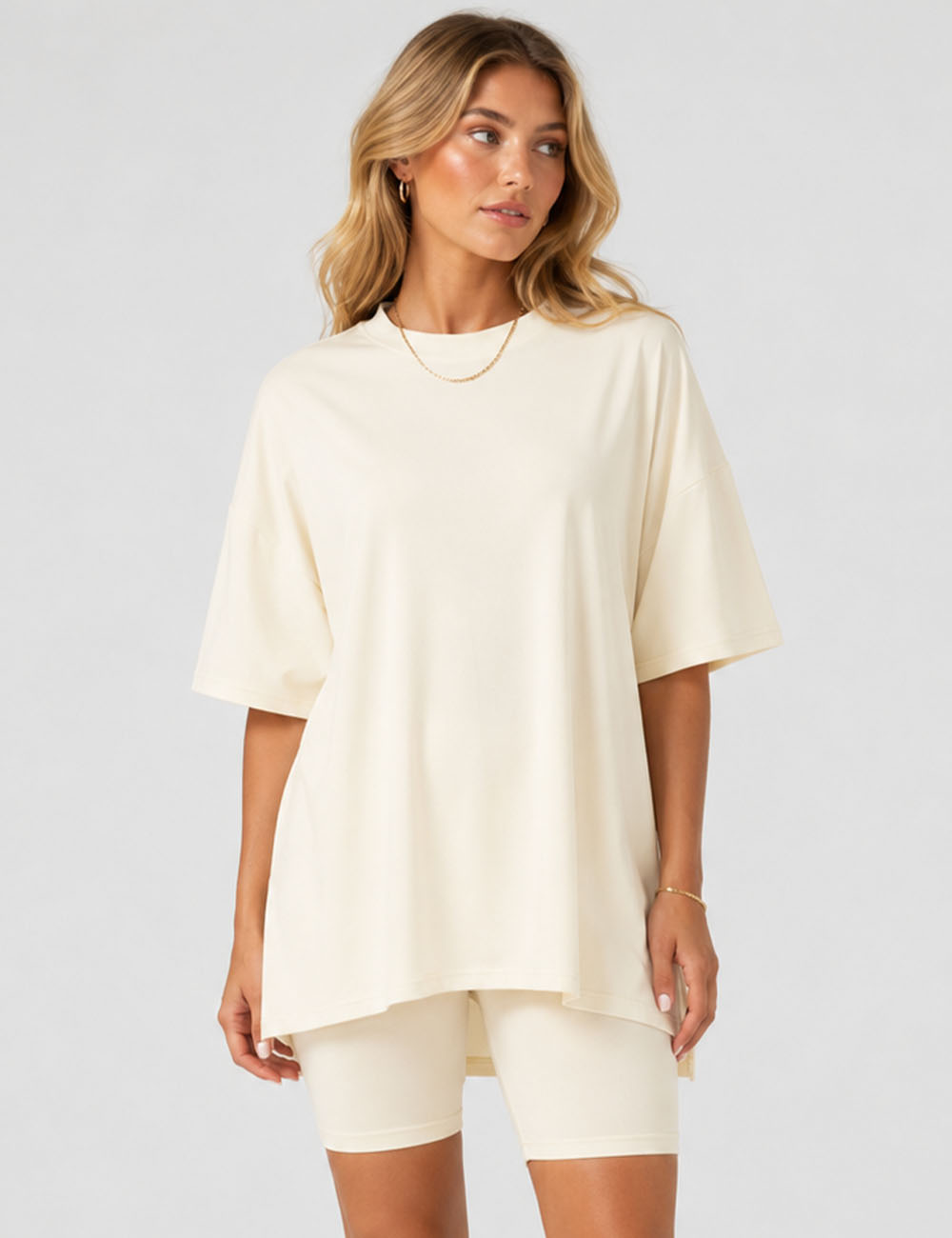 Ladies Solid Loungewear Outfits Loose Top & Slim Shorts Set