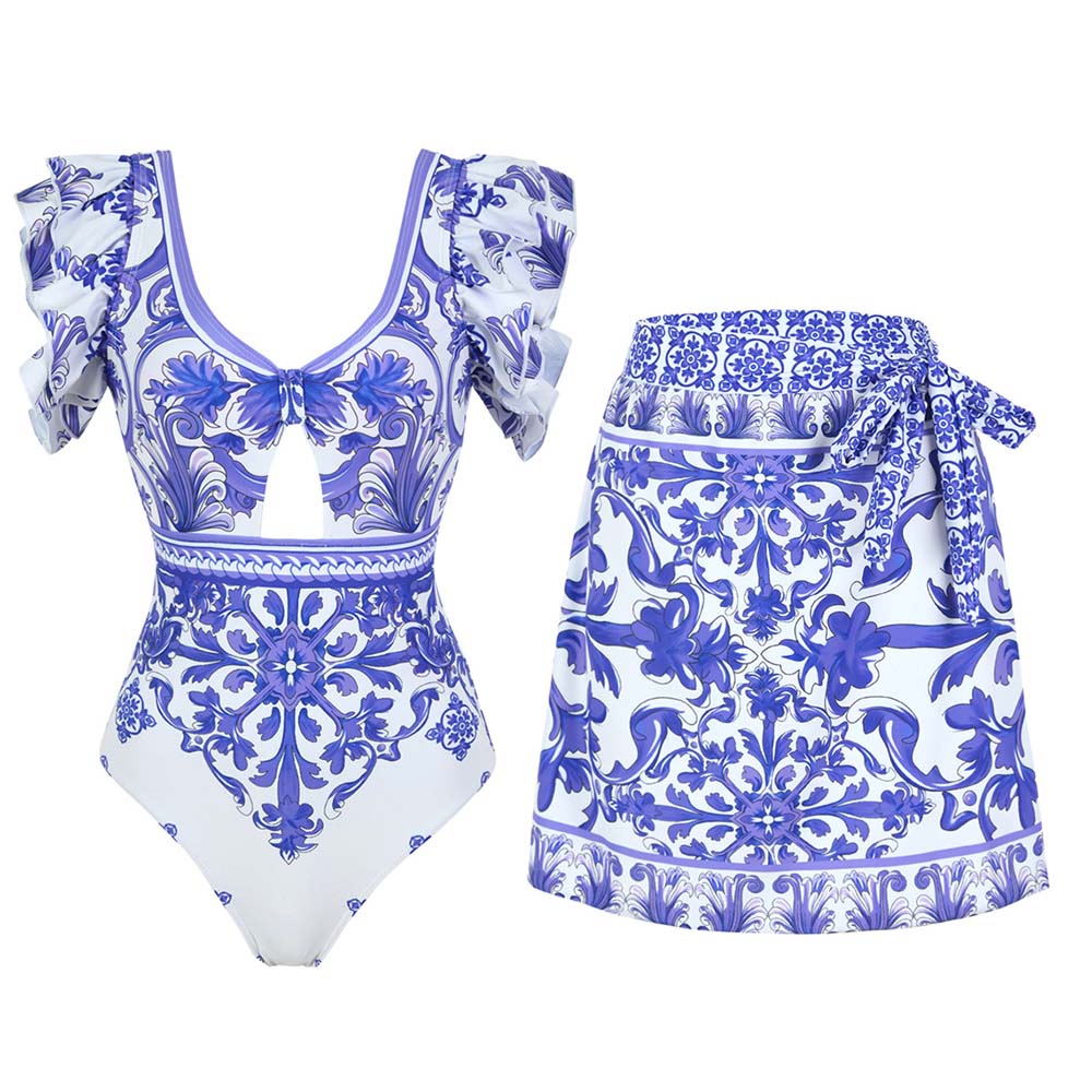Ladies Ruff Sleeves One-Piece Swimsuit with Wrap Sarong