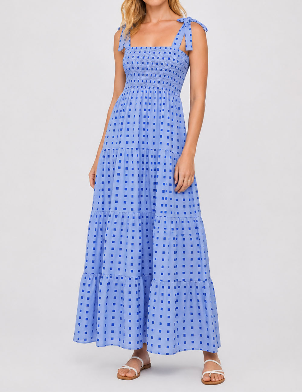Ladies Abstract Print Smocked Tie Strap Square Neck Midi Dress