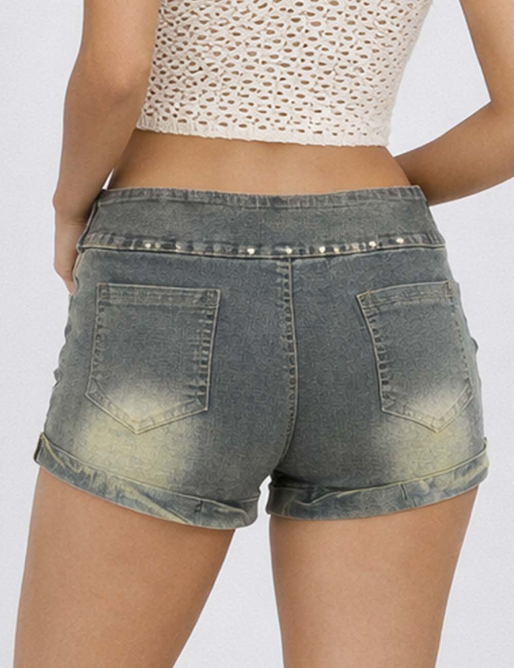Ladies Double Wrap Belt Star Stud Metal Eyelet Denim Mini Shorts
