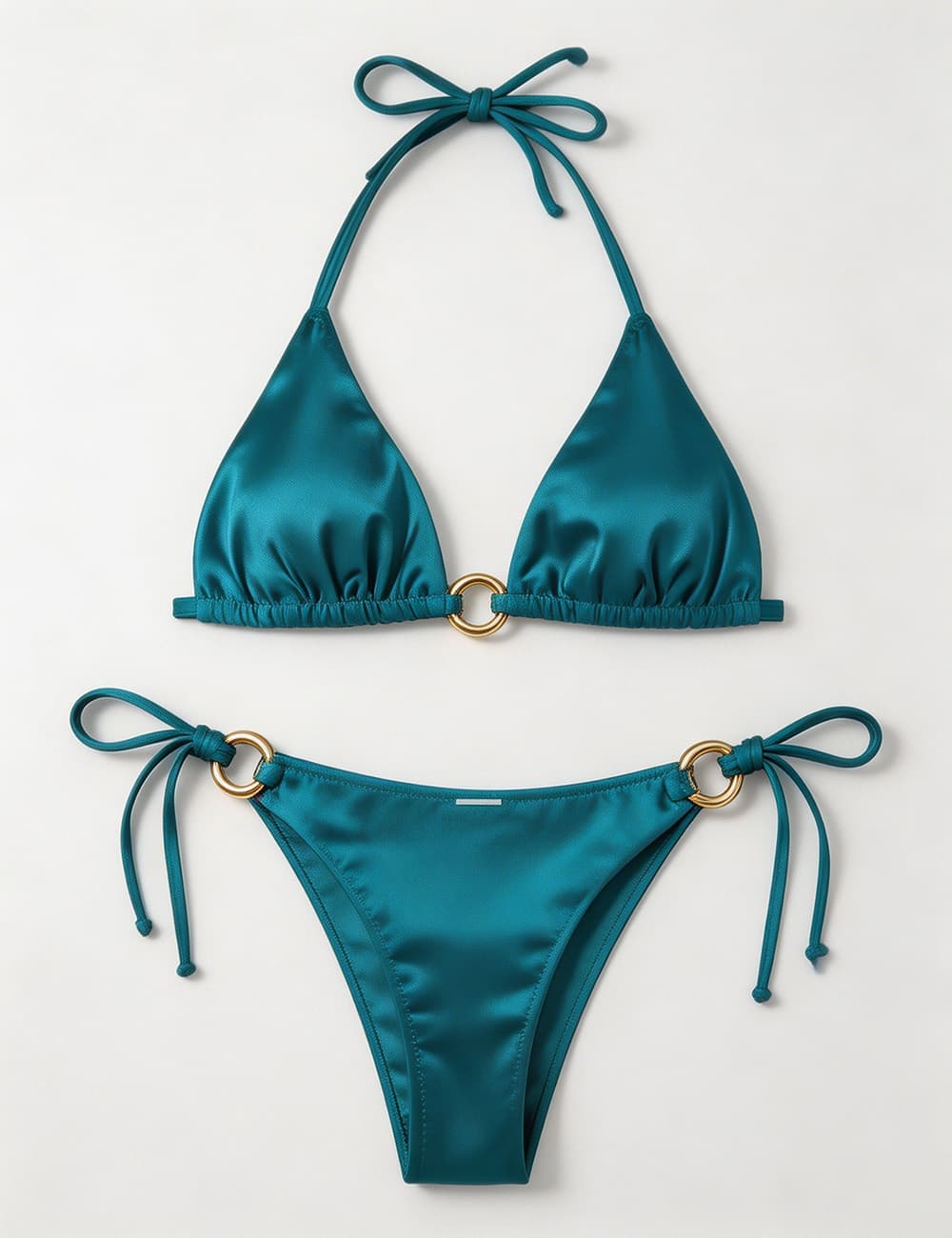 Ladies Solid Color Gold Buckle Halter Neck Triangle Bikini Set