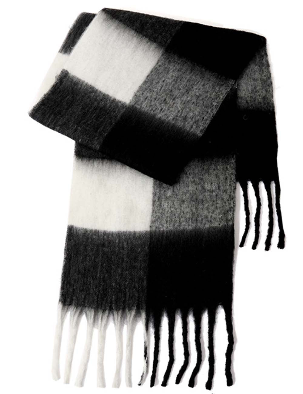 Ladies Color Block Checked Mohair Fringe Knit Scarf