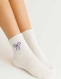 Ladies Fuzzy Cozy Bow Embroidery Midi Calf Socks