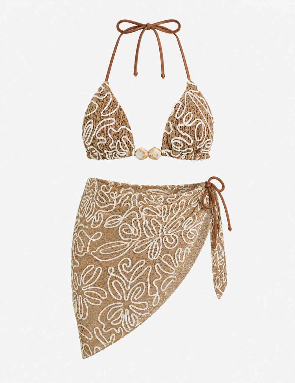 Ladies Crochet Triangle Bikini Set with Wrap Cover Up Skirt