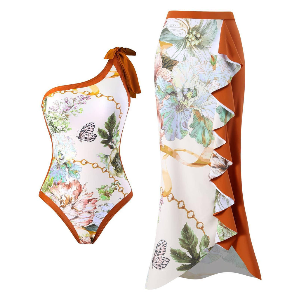 2 PCS Flower Print One Piece Swimwear with Cover Up 2590
